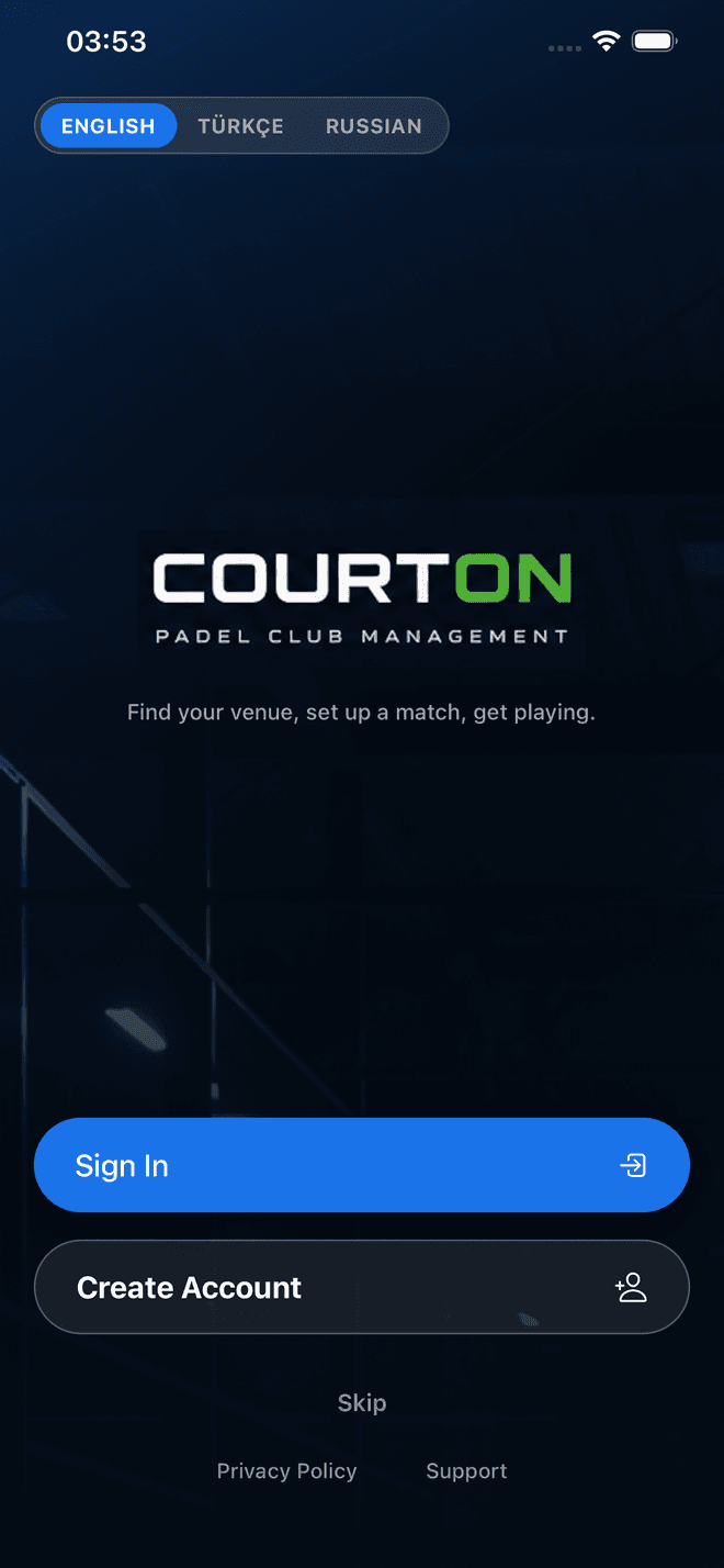 The app's welcome and sign-in screen