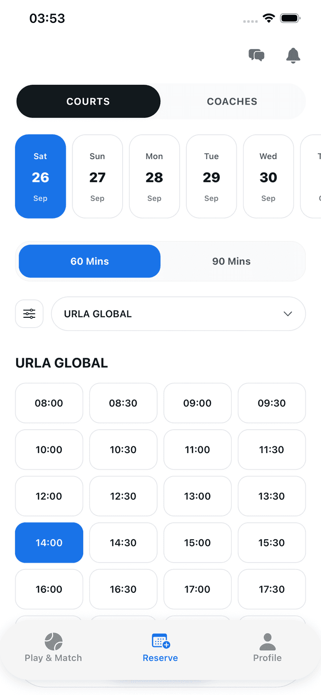 Reservation screen with the venue picker, calendar and a selected time slot