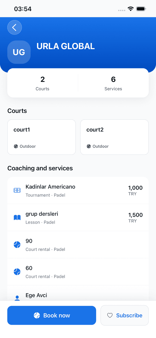 Venue detail with courts, lessons and services priced in TRY