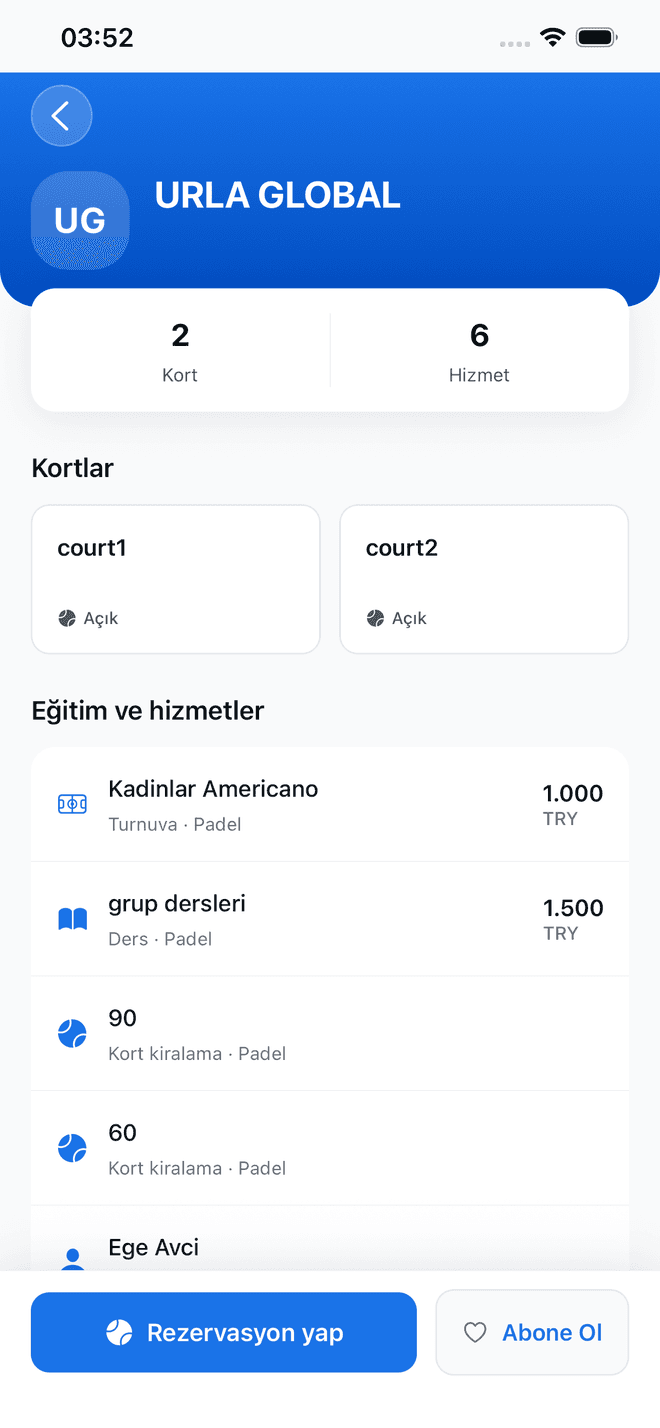 Mekân detayında kortlar, eğitim ve hizmetler ile TRY fiyatları